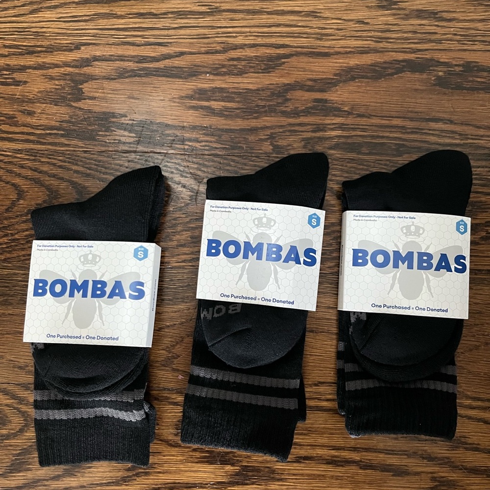🐝BOMBAS 3 PAIRS BLACK GREY STRIPE CREW SOCKS S 4-7.5